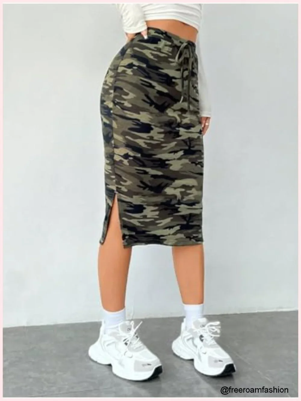 Women's High Waist Camo Print Pencil Skirt Drawstring Tie Side Split